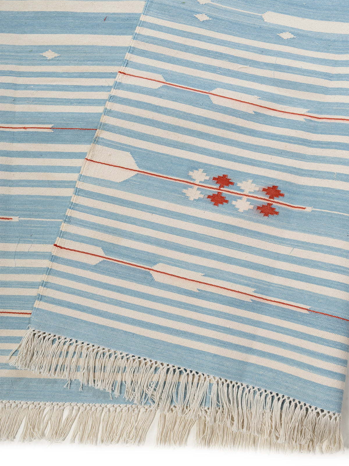 Sky Drift Rug detail of the striped cotton surface and edge finishing