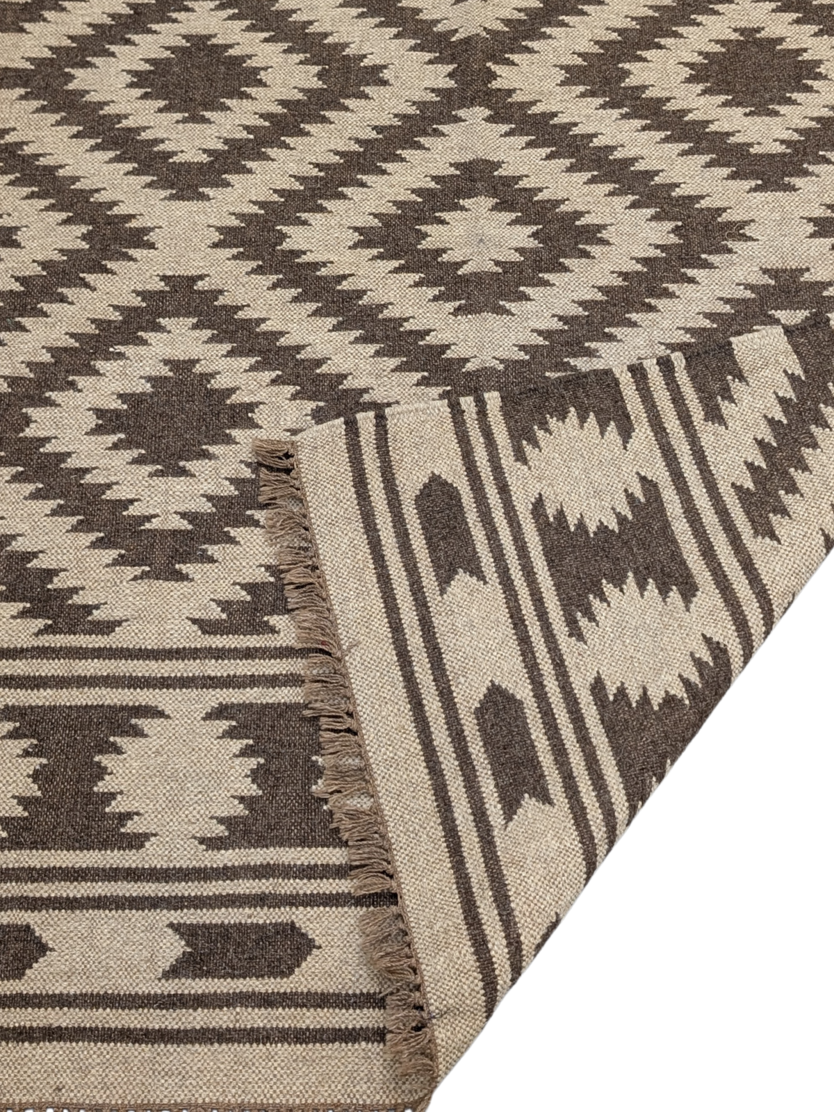 Stone & Sand Flatweave detail of the striped cotton surface and edge finishing
