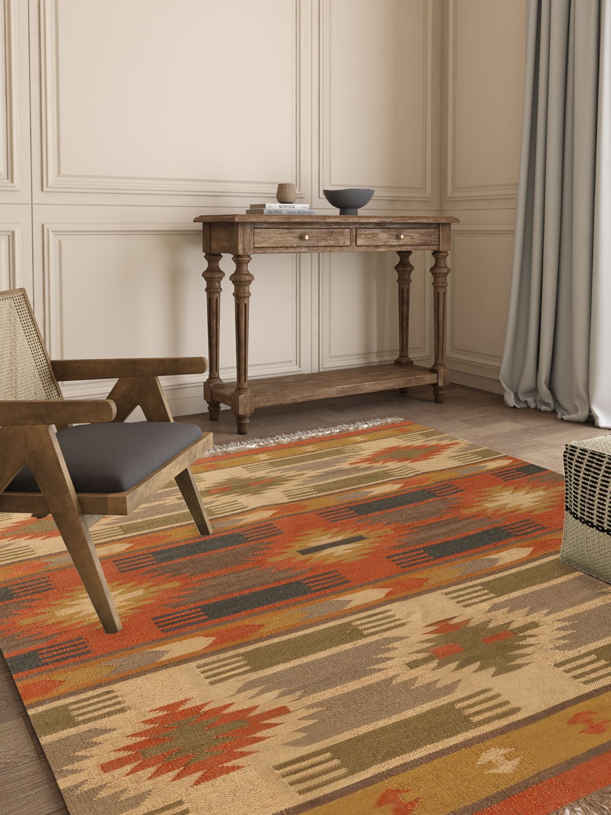 Sunbaked terracotta Kilim Rug cotton rug styled in a living room interior