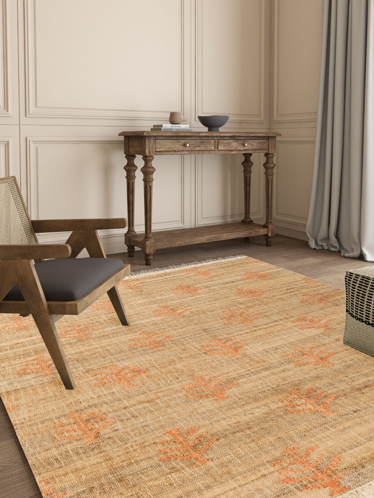 Sunset Foliage Jute Rug jute rug styled in a living room interior