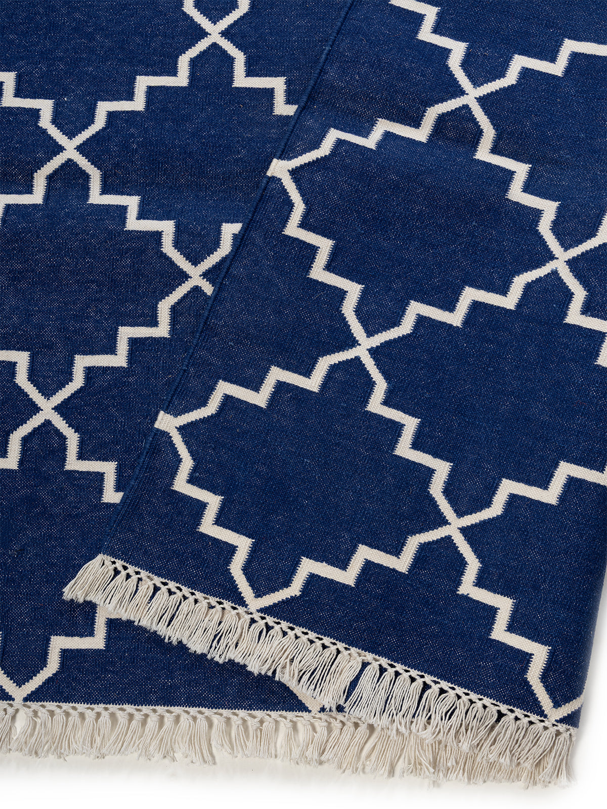 Symmetry Flatweave Rug-Navy detail of the geometric pattern in cotton