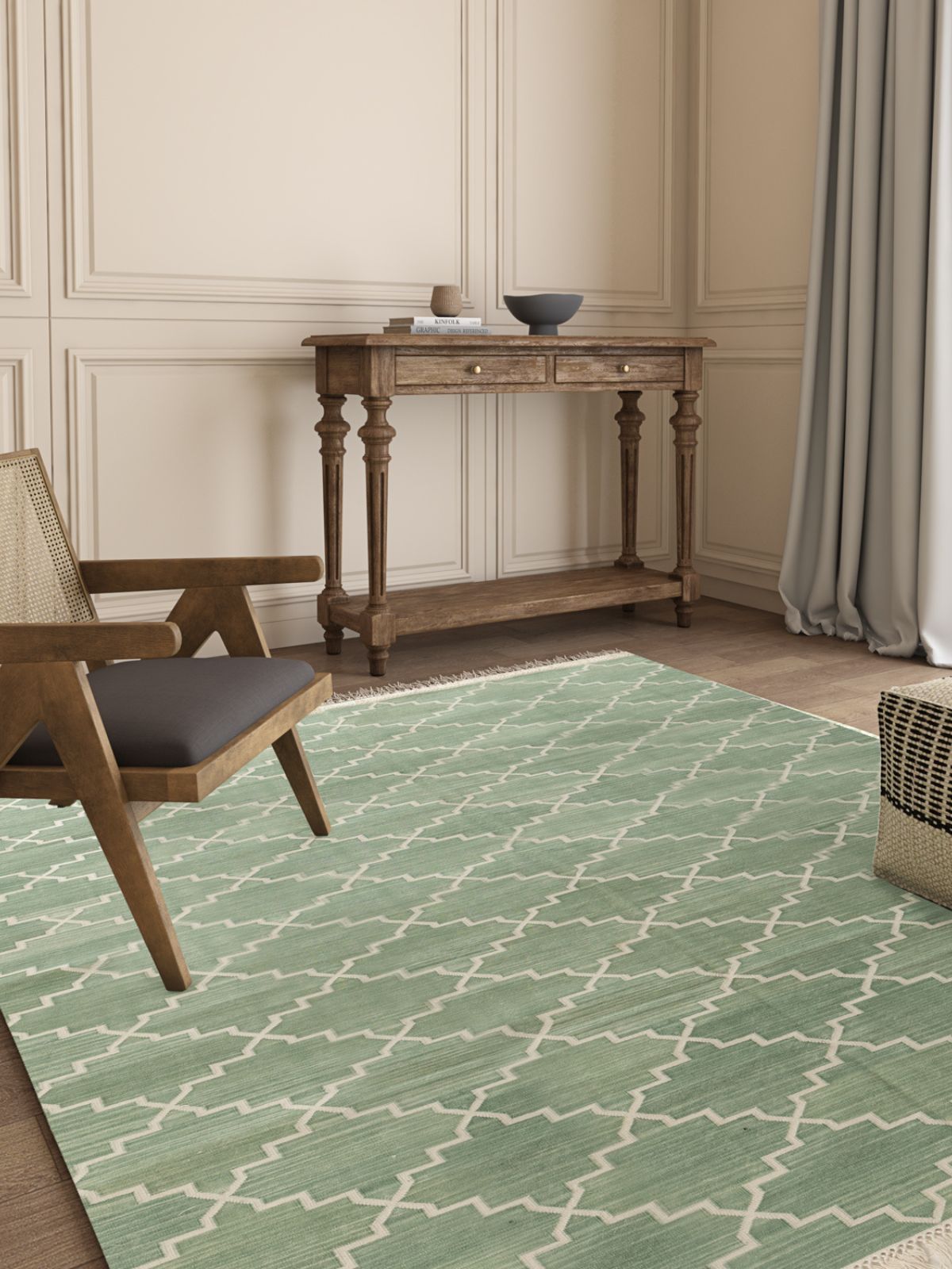 Symmetry Flatweave Rug-Sage cotton rug styled in a living room interior