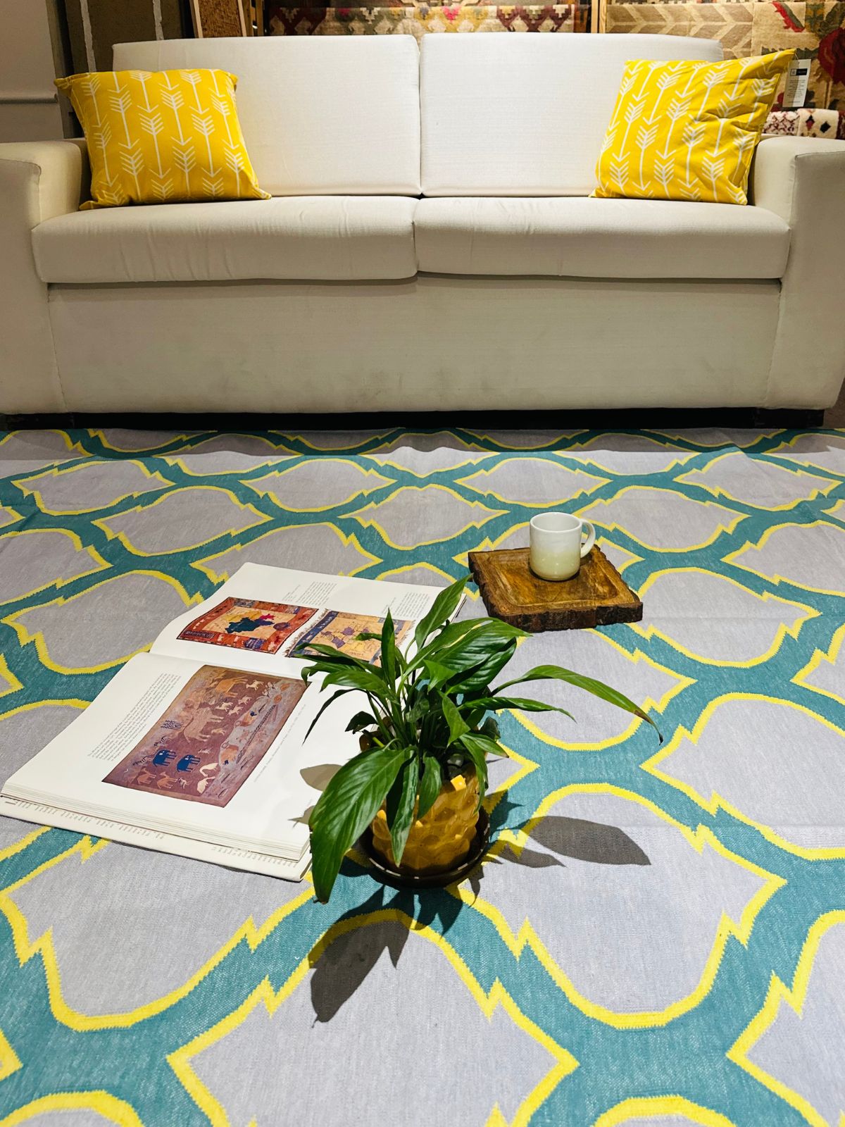 Teal Tempest Flatweave Rug close-up showing the cotton weave and geometric motif