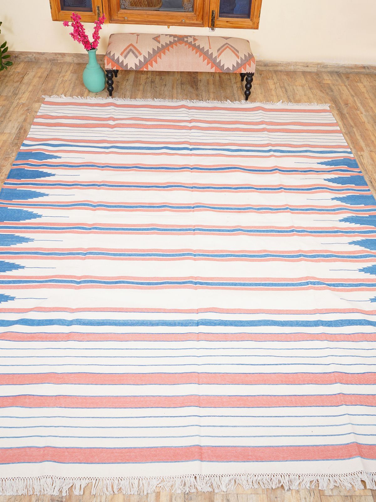Temple Stripe Flatweave rug-Peach cotton rug in orange tones
