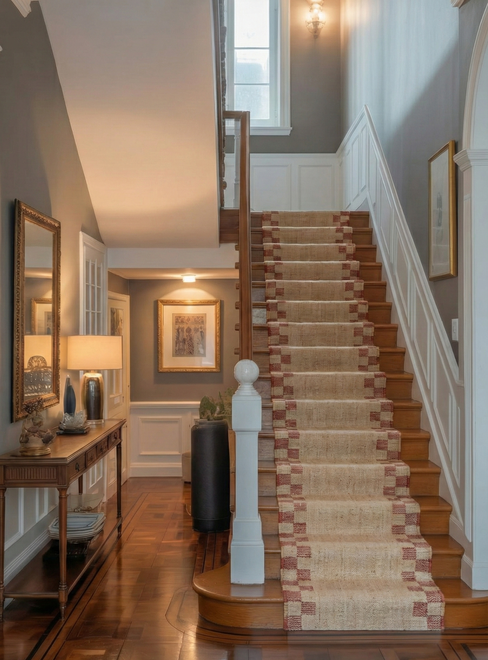 The Berry Patch Runner cotton stair runner styled on a staircase in a designed interior