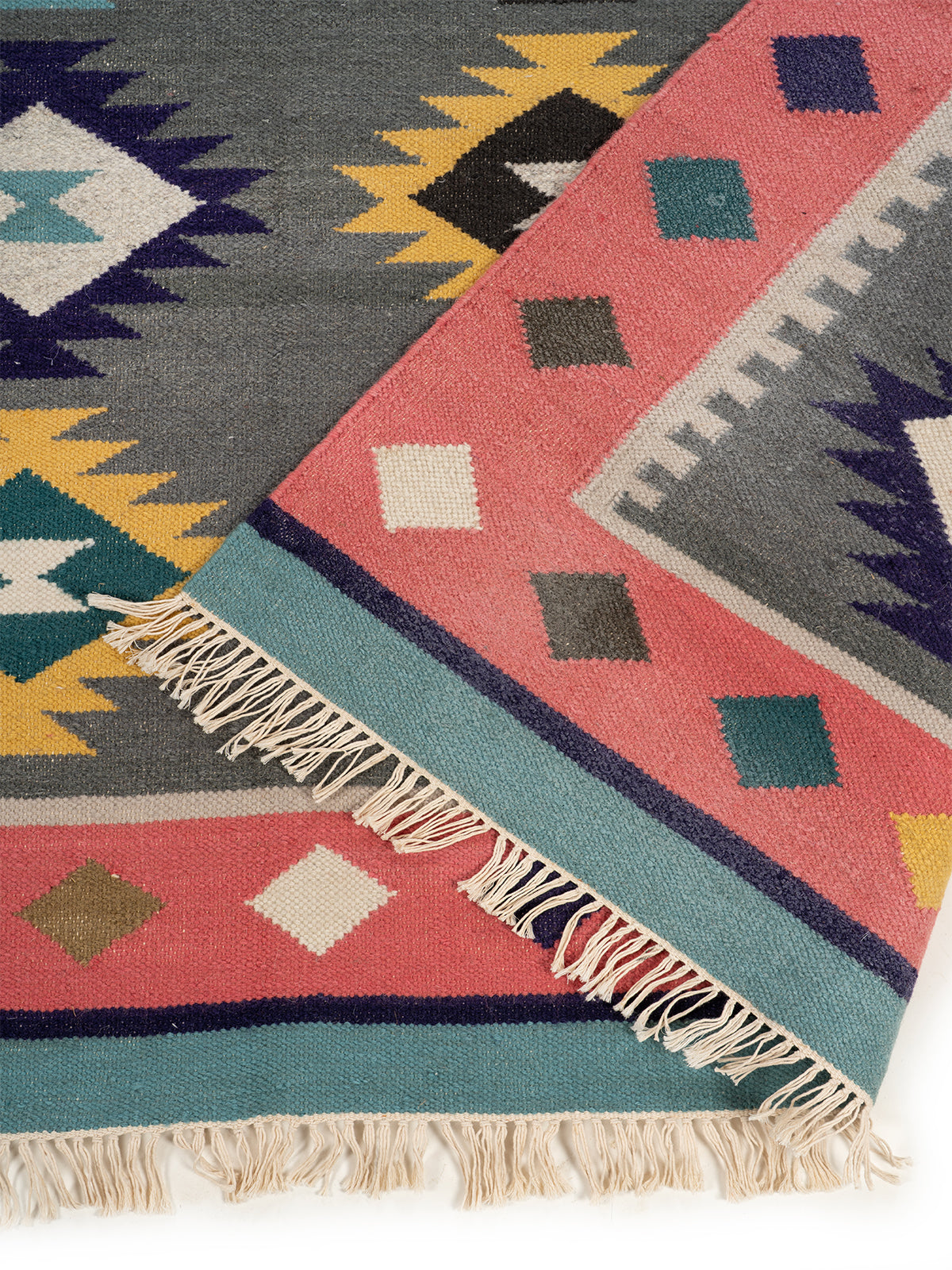 The Bohemian Delight Rug detail of the geometric pattern in wool