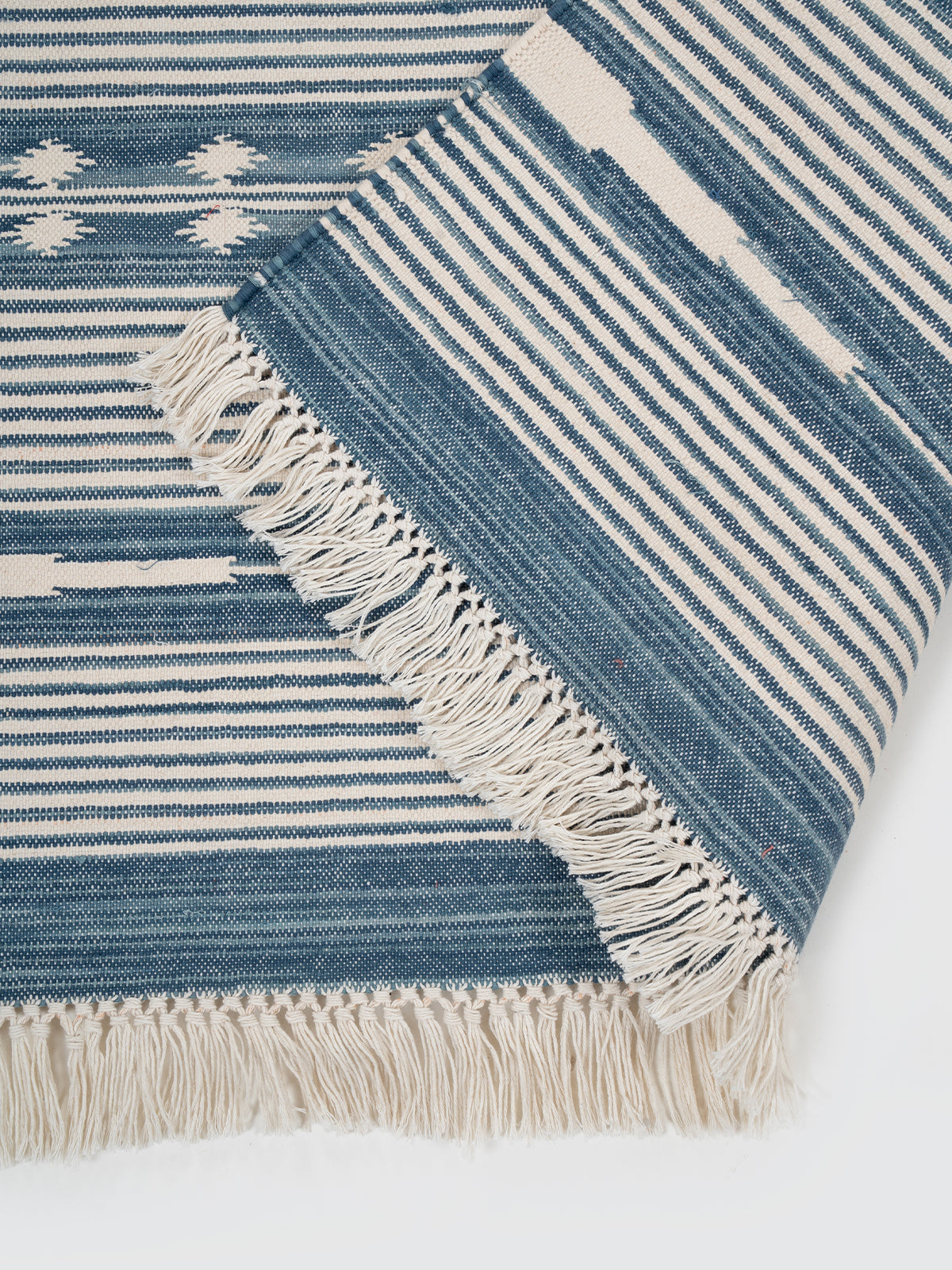 The Subtle Bloom Runner-Blue detail showing edge binding and cotton finishing of the runner