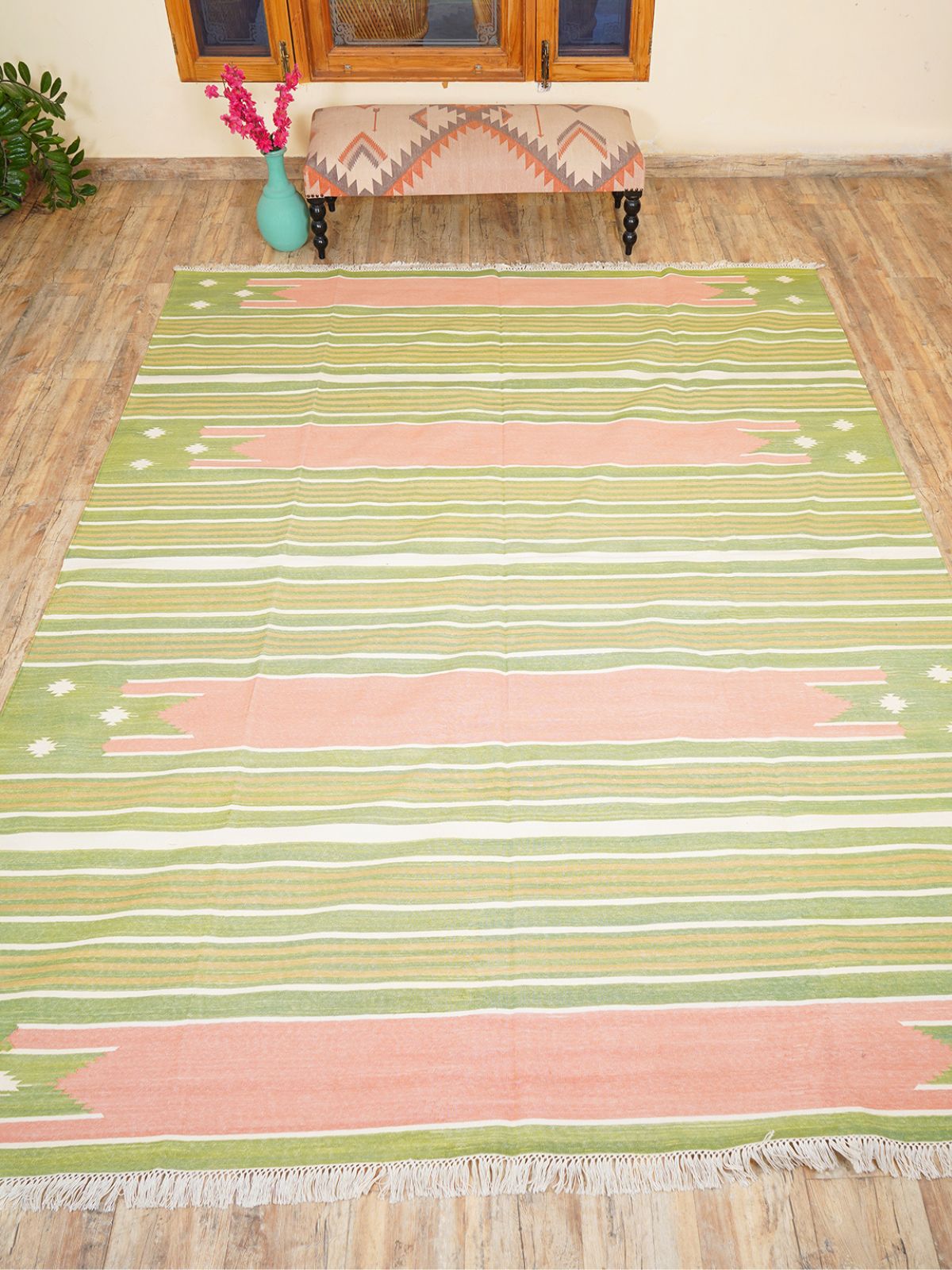 Tie-Dye Kilim Rug-Leaf green cotton rug in multicoloured tones