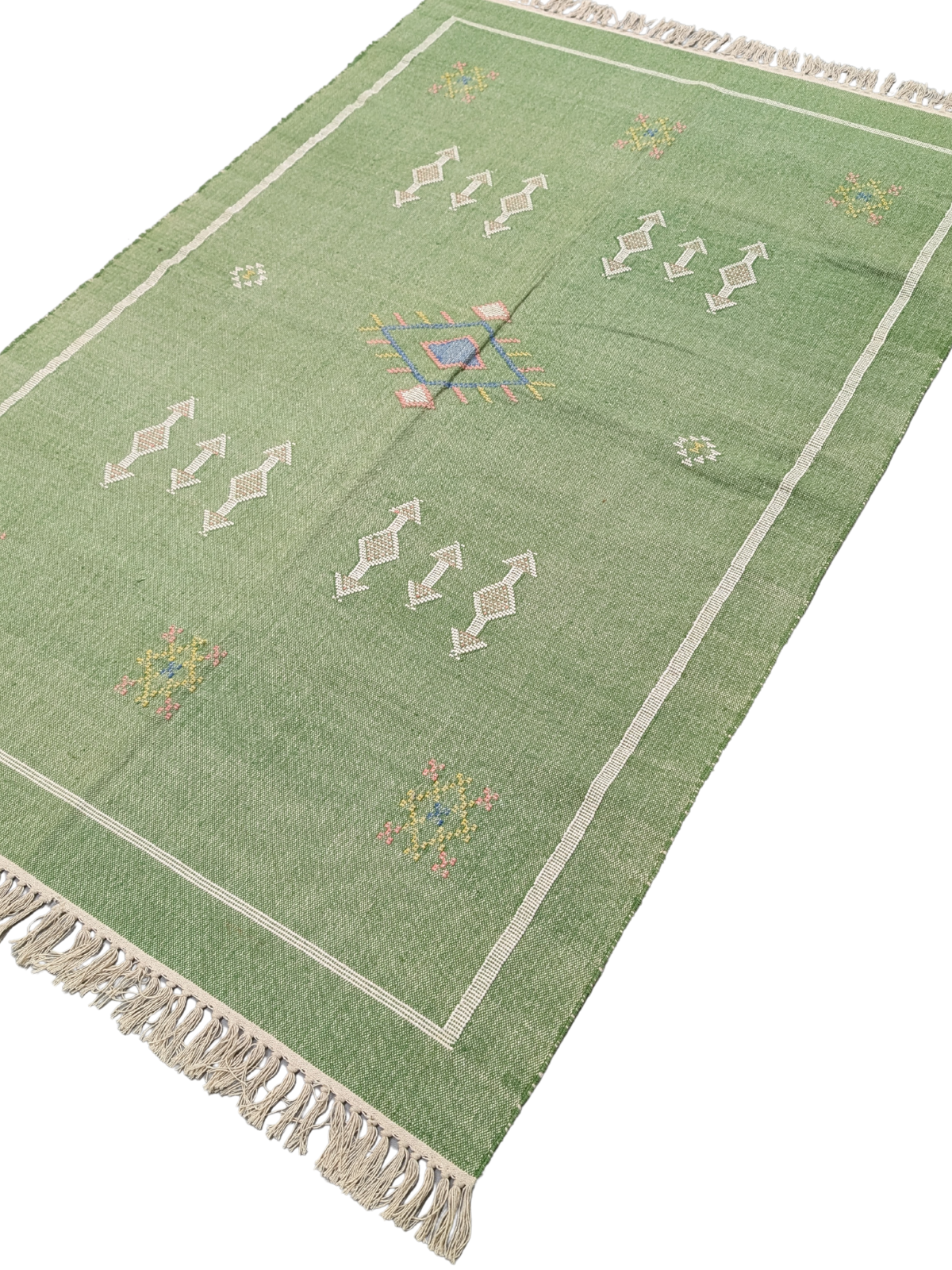 Tie-Dye Kilim Rug-Sage cotton rug styled in a living room interior with