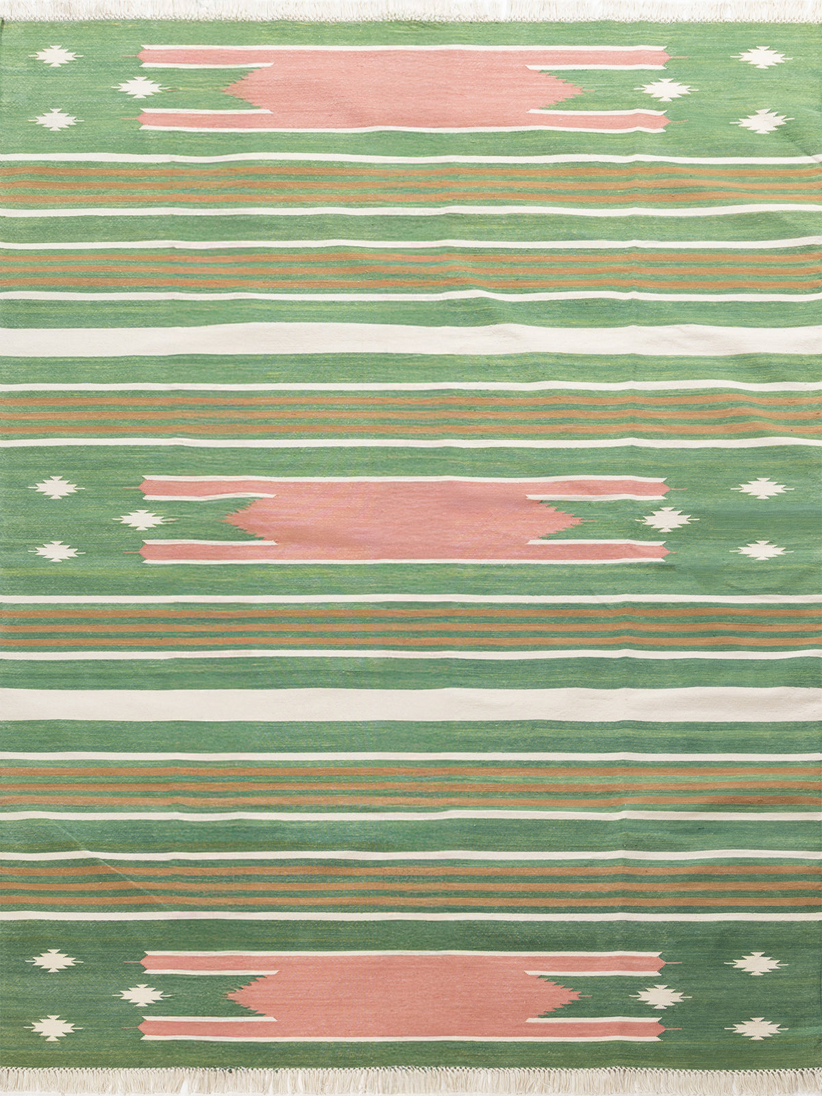 Tie-Dye Kilim Rug-Sage cotton rug in green tones, overhead view