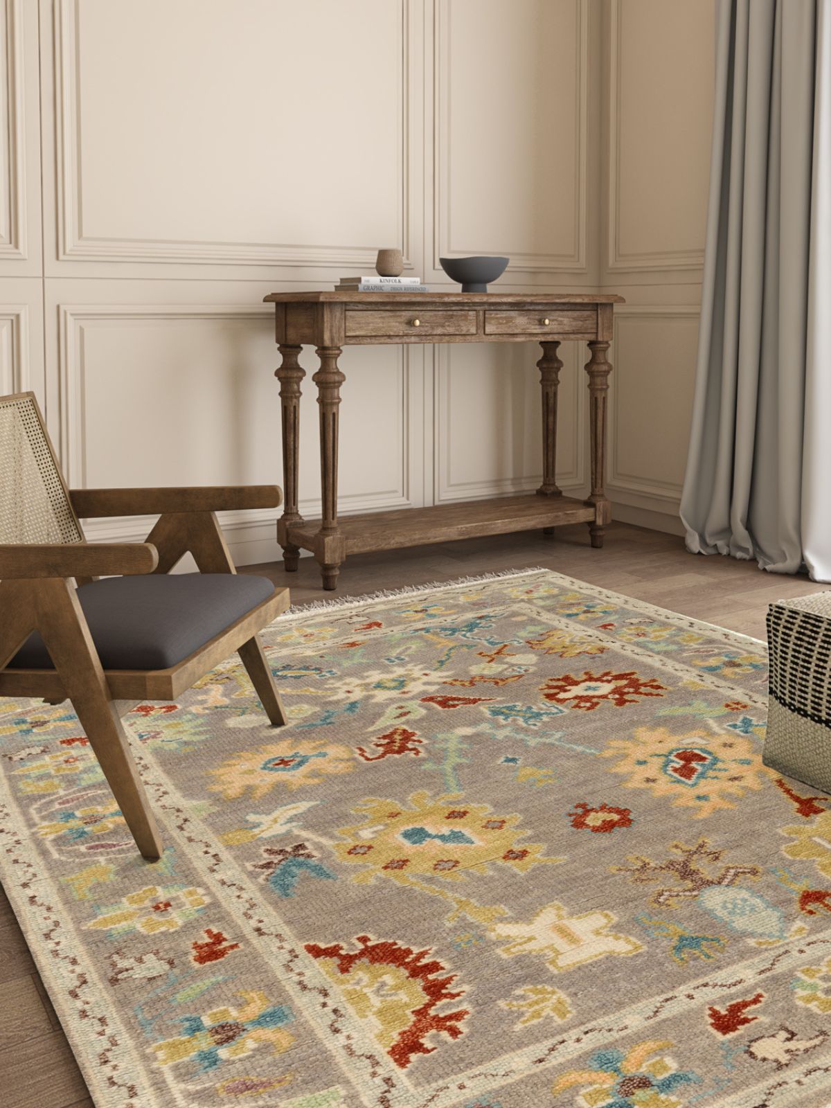 Turkish Treasures Oushak Rug wool rug styled in a living room interior