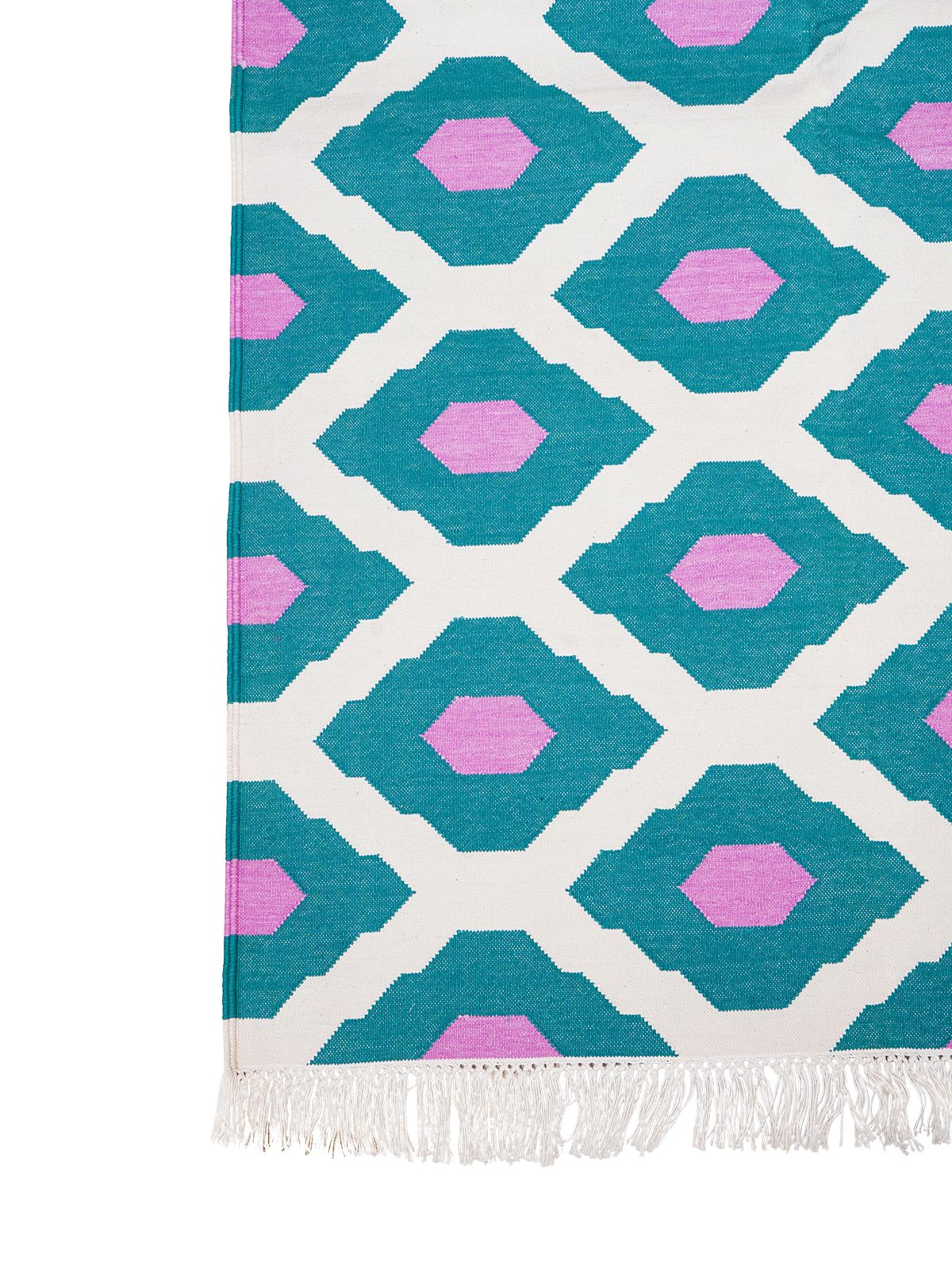 Turquoise Bliss Flatweave Rug close-up showing the cotton weave and geometric motif