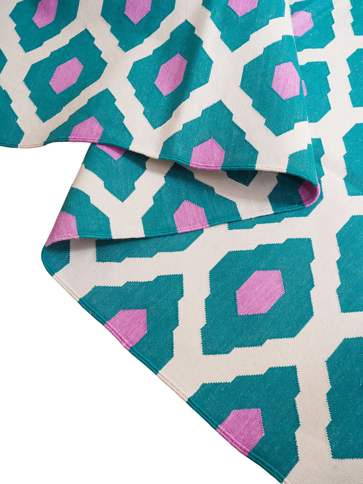 Turquoise Bliss Flatweave Rug detail of the geometric pattern in cotton