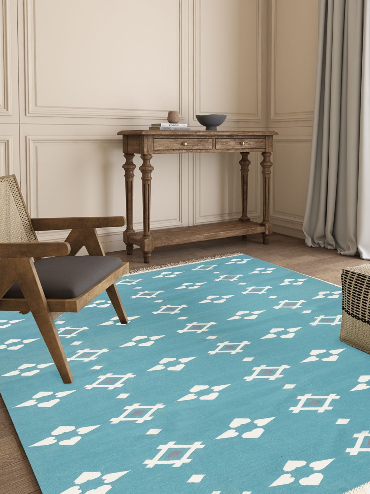 Turquoise Flatweave rug cotton rug styled in a living room interior