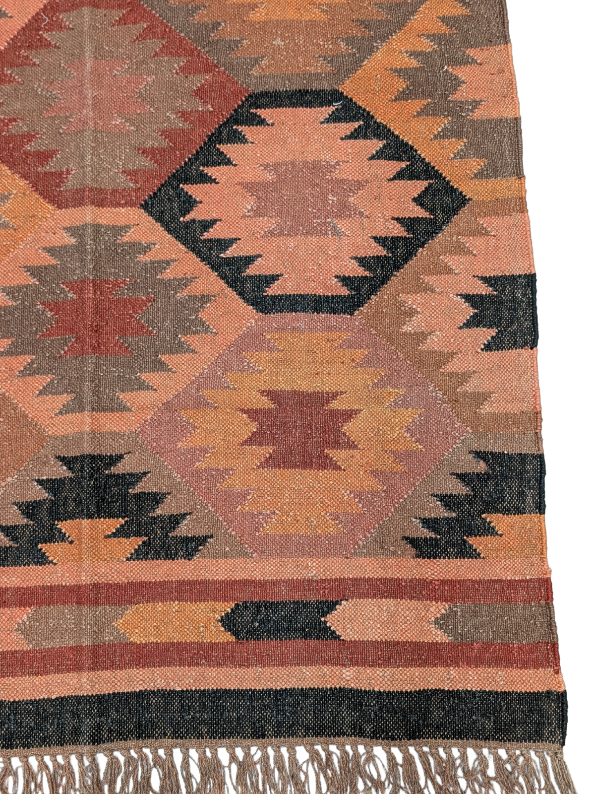 Twilight Terra Kilim Rug detail of the geometric pattern in cotton