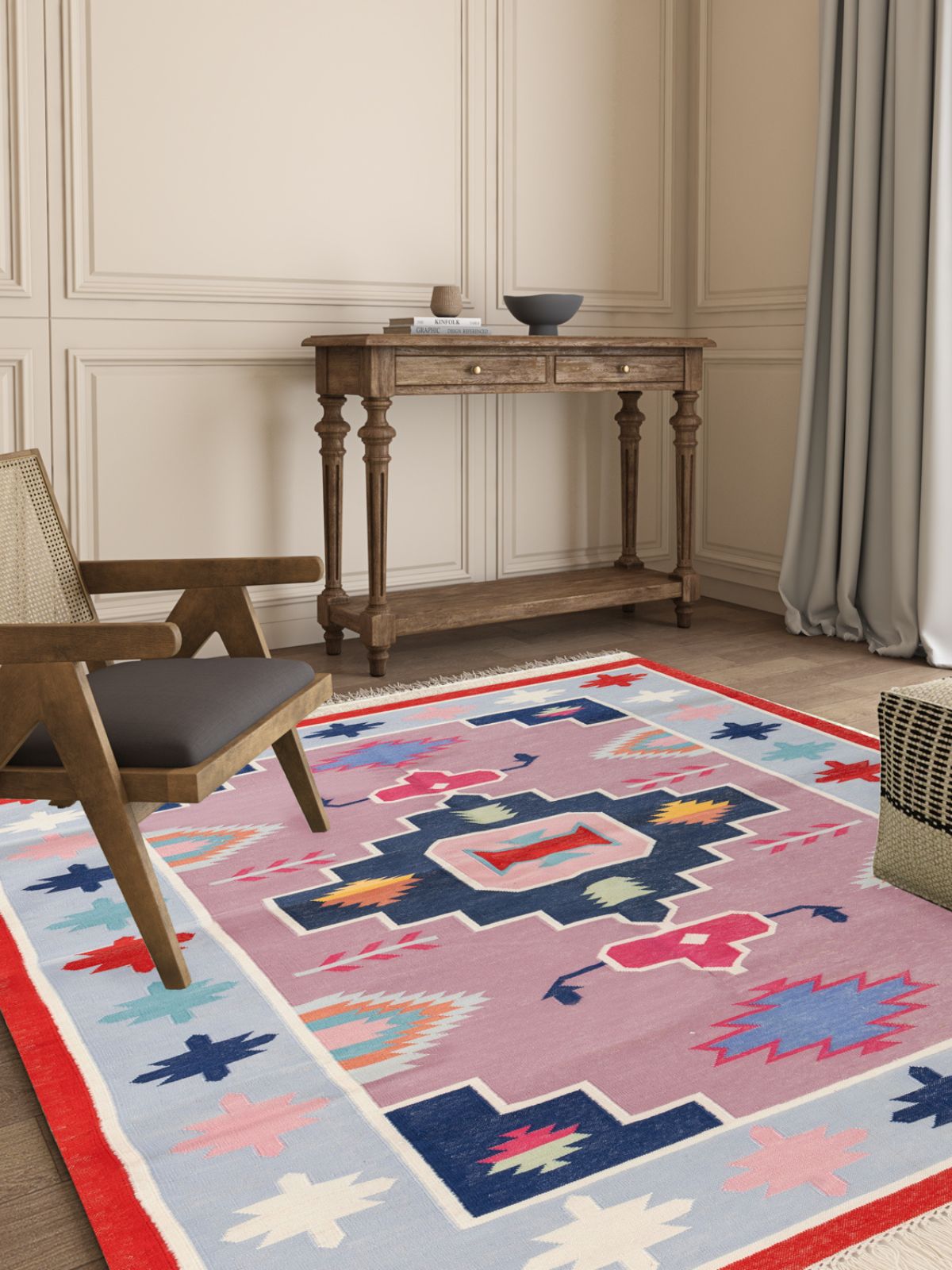 Vibrant Kaleidoscope cotton rug styled in a living room interior