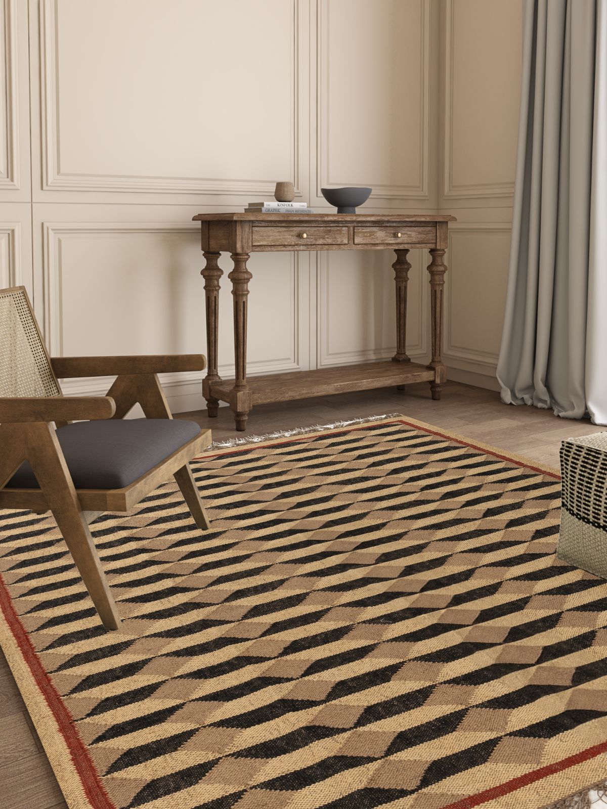 Wave Crest Wool Flatweave Rug wool rug styled in a living room interior