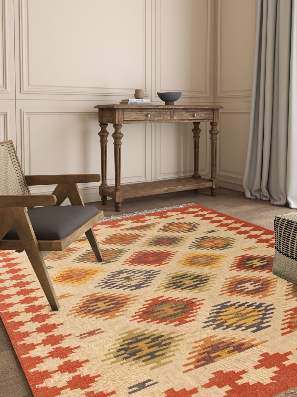 Whimsical colourburst Kilim Rug cotton rug styled in a living room interior