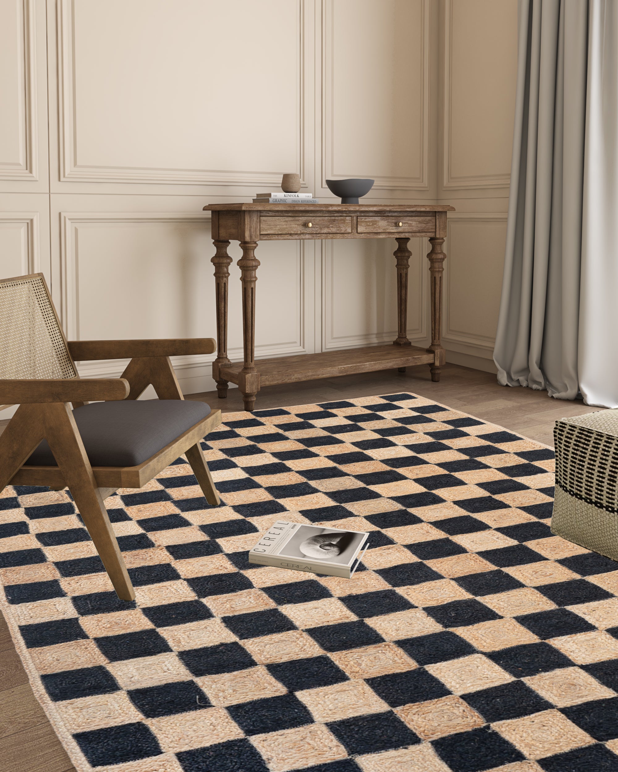 Windsor checkered Jute rug-Jet Black jute rug styled in a living room interior