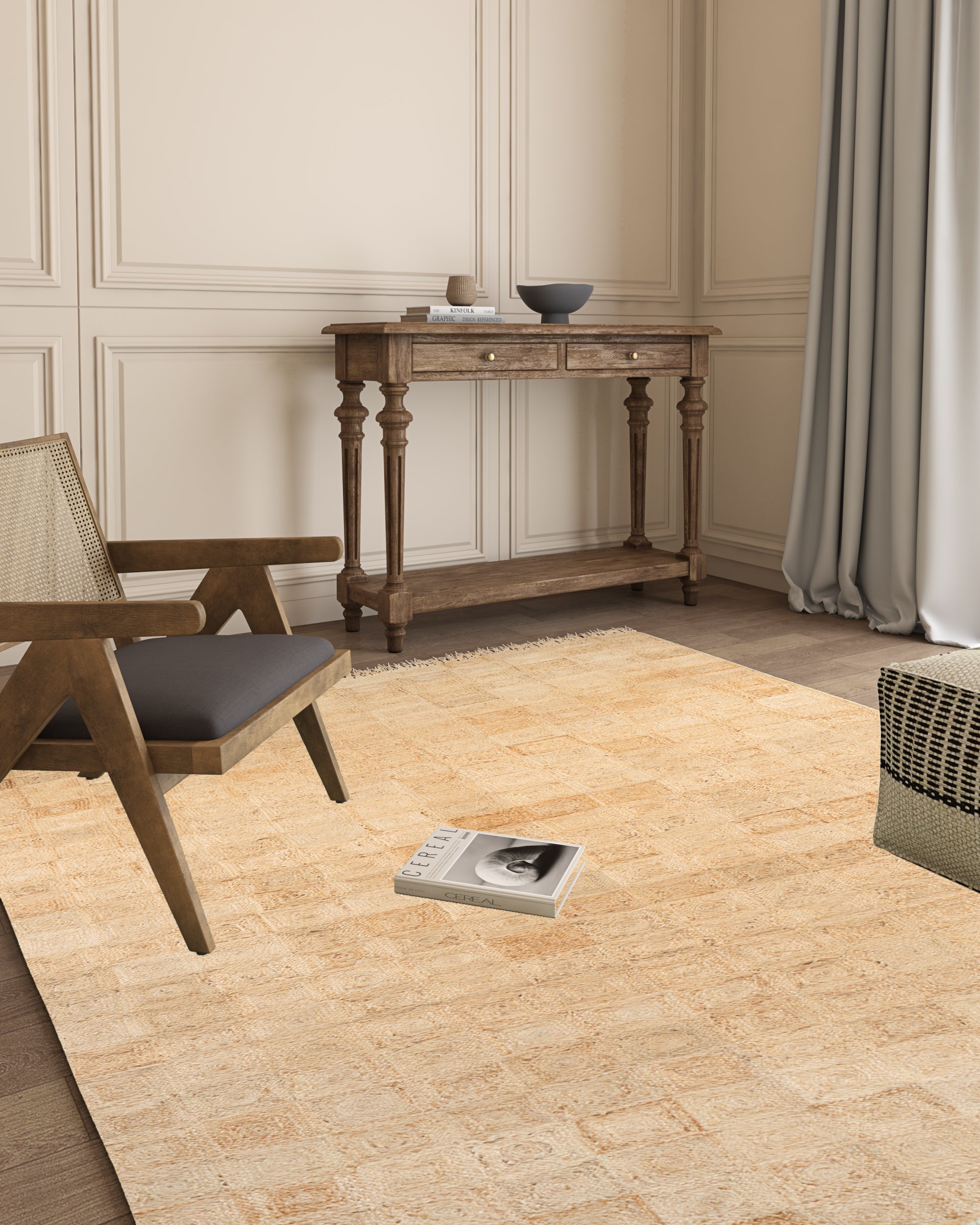 Windsor checkered Jute rug-Natural jute rug styled in a living room interior