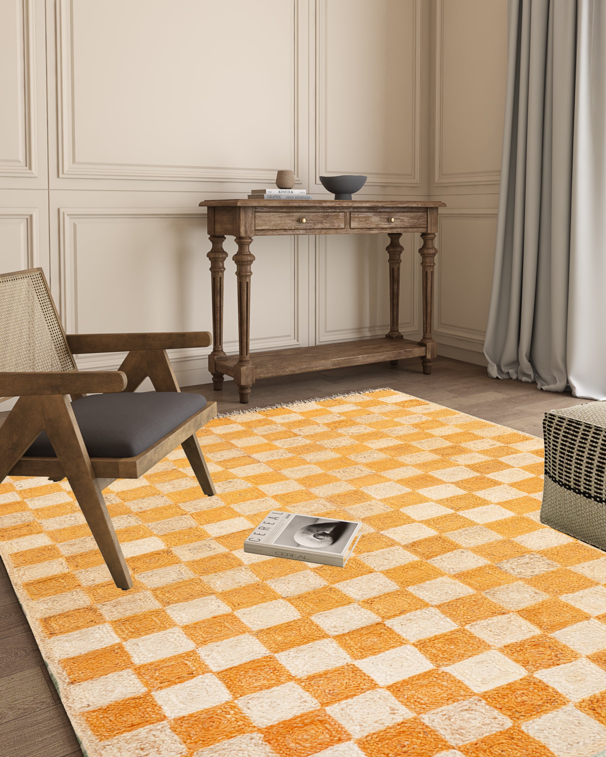 Windsor checkered Jute rug-Orange jute rug styled in a living room interior