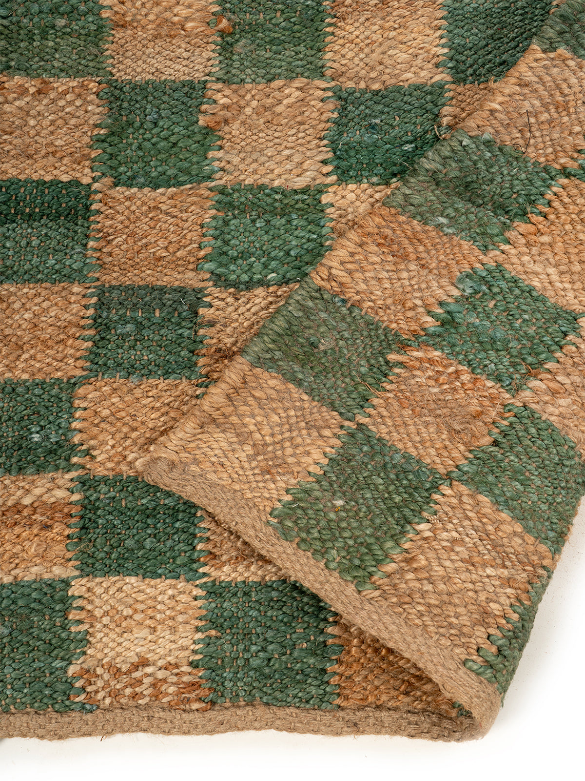 Windsor Checkered Jute Runner detail showing edge binding and jute finishing of the runner